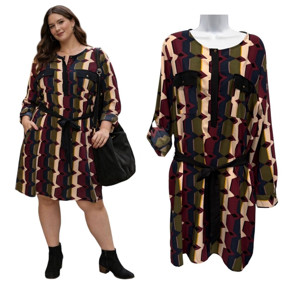 Metaphor‎ Retro Henley Shirt Dress Tie Waist Abstract Print Boho Chic Plus Sz 18